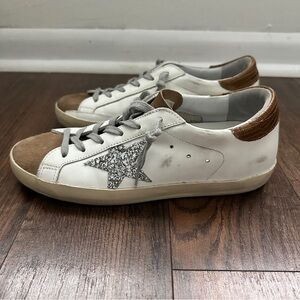 Golden Goose Superstar Tan/White Sneakers Glitter Star Size 38/7